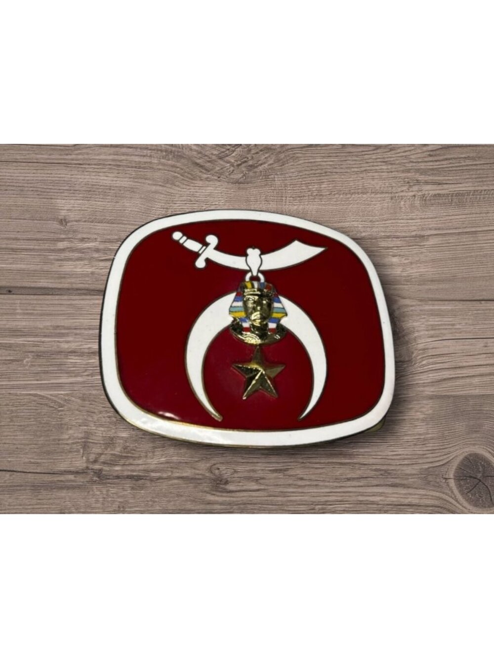 Vintage Masonic Shriner Emblem Red and White Belt Buckle 3"x2.5"
